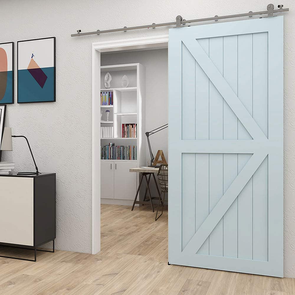 TSMST 9FT Sliding Barn Door Hardware Kit, Top Mount Stainless Steel Heavy Duty Sturdy Barn Door Track for Single Wood Door, Slide Smoothly Quietly (T Style)