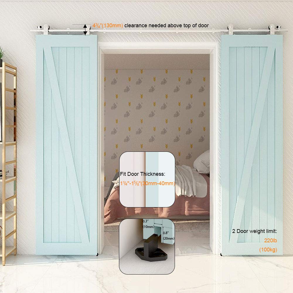 TSMST 6FT Sliding Barn Door Hardware Kit, Top Mount Stainless Steel Heavy Duty Sturdy Barn Door Track for Double Wood Door, Slide Smoothly Quietly (T Style)