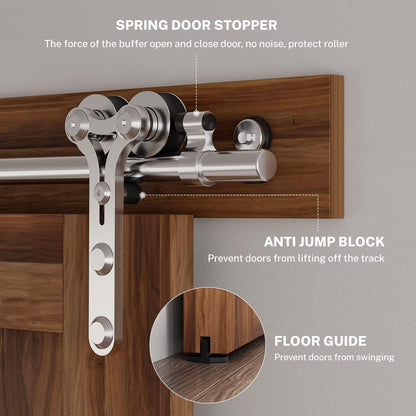 TSMST 167CM/5.5FT Stainless Steel Sliding Door Track Barn Door Hardware Kit Closet Rail Roller Accessory Double Wheel Ram Horn Style