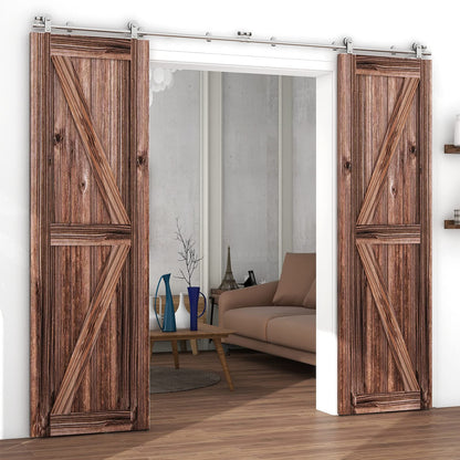 TSMST 11FT Sliding Barn Door Hardware Kit, Top Mount Stainless Steel Heavy Duty Sturdy Barn Door Track for Double Wood Door, Slide Smoothly Quietly (T Style)