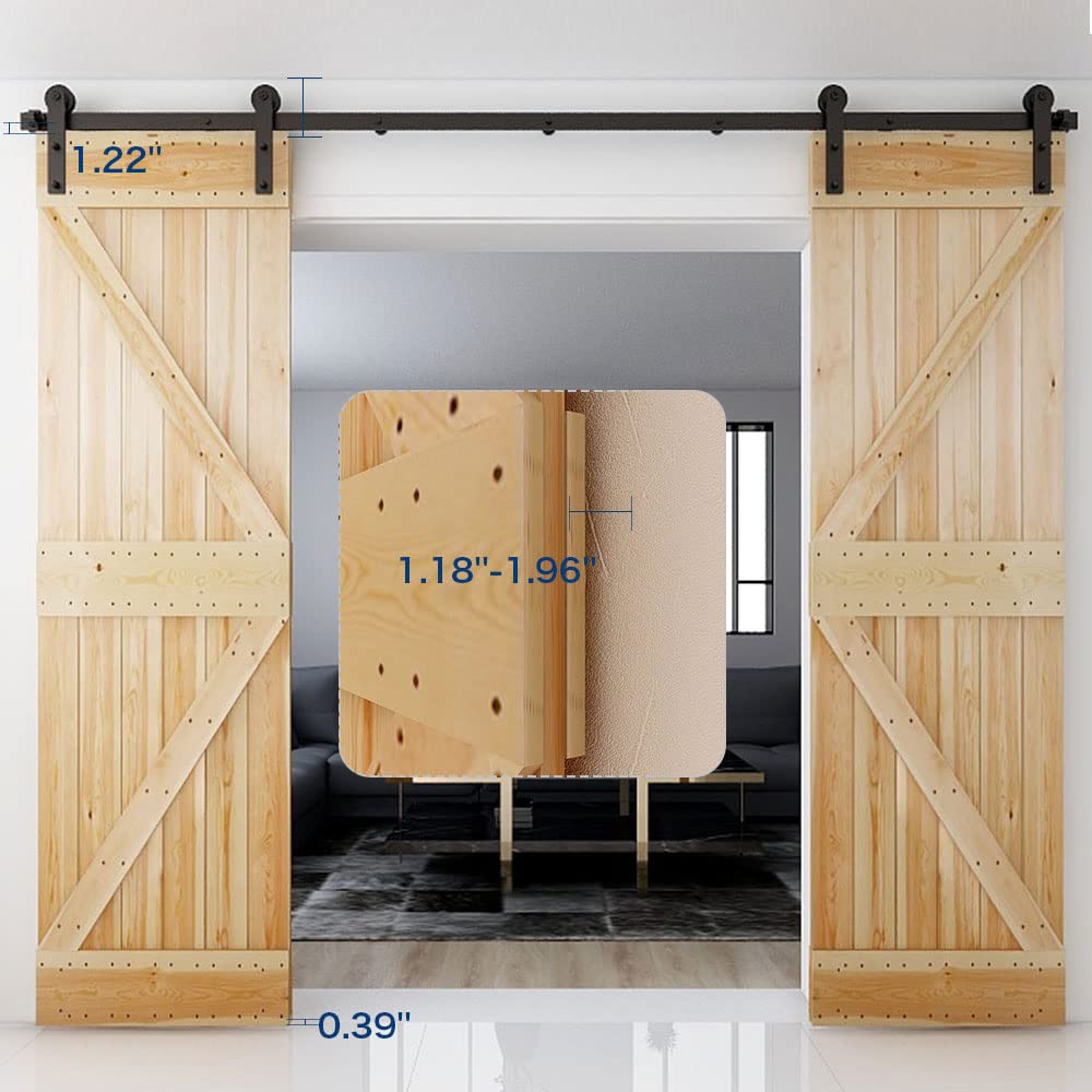 CCJH 12FT Heavy Duty Sliding Barn Wood Door Hardware Track Kit - Smoothly and Stable - Easy Installation - 12 Foot Rail Double Door Kit (I Shaped Hangers)