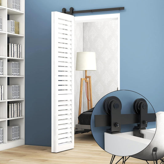 TSMST 76.3cm/2.5ft Bi-Falte Schiebetürsystem Komplett-Set,Platzsparende Scheunentür Spur Set für 2 Türen,Glatt und Ruhig T-Form(keine Tür)