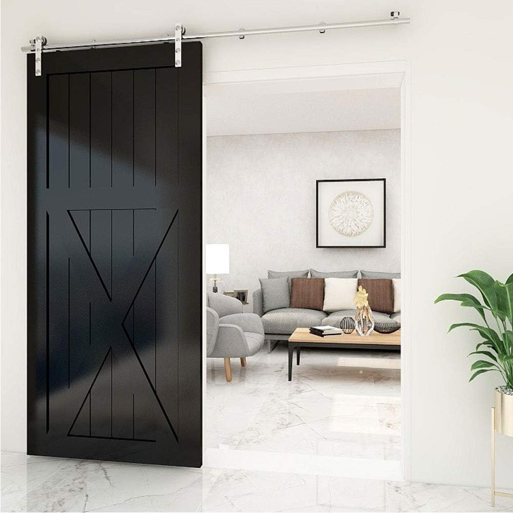 TSMST 5FT Stainless Sliding Barn Door Hardware Kit for Single Wooden Door,Smoothly and Quietly,Fit 30" Door Panel(J Shape Hanger)