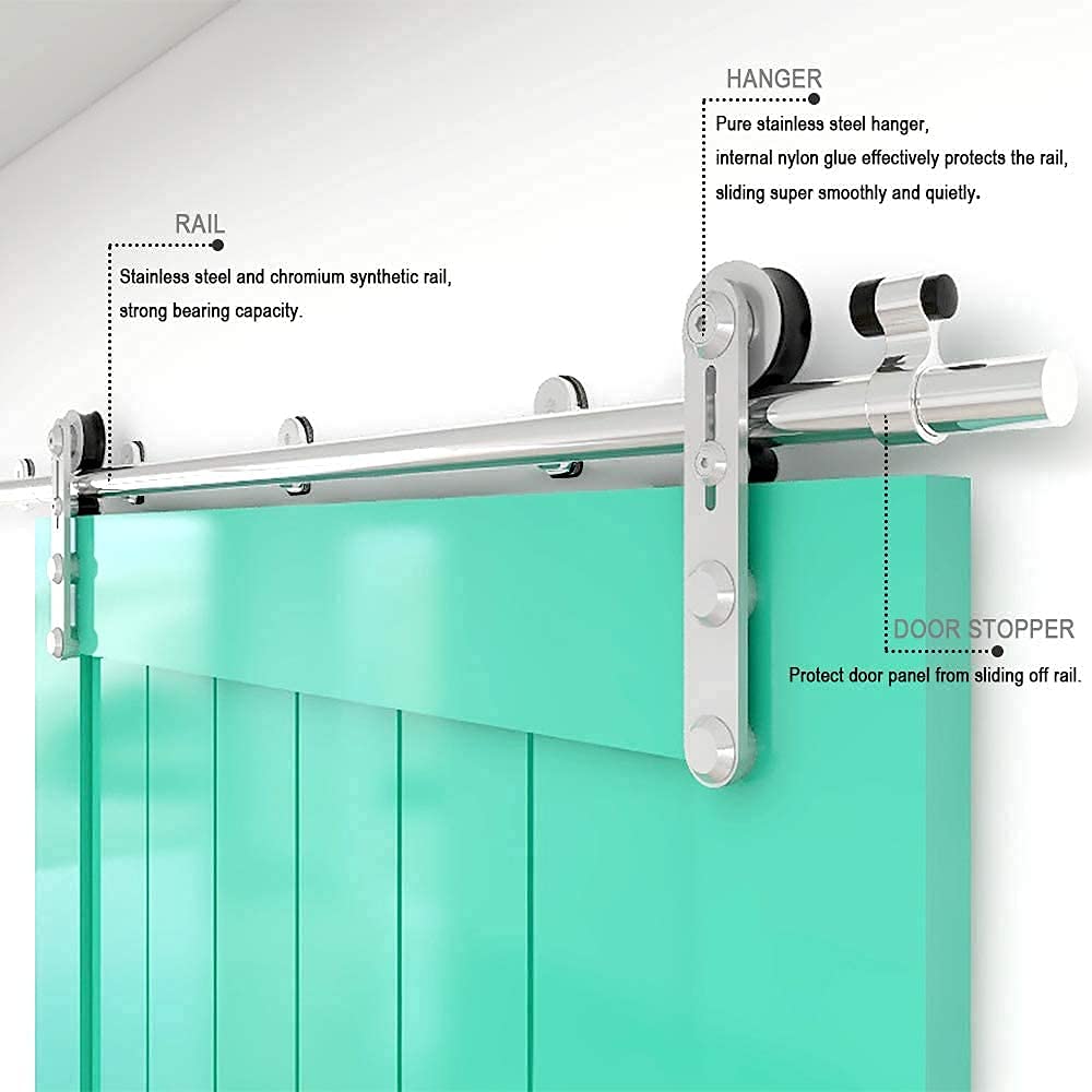 6FT/183cm Interior Stainless Steel Sliding Barn Single Door Hardware Track Roller Flat Hanger Rail Kit For Wood Door