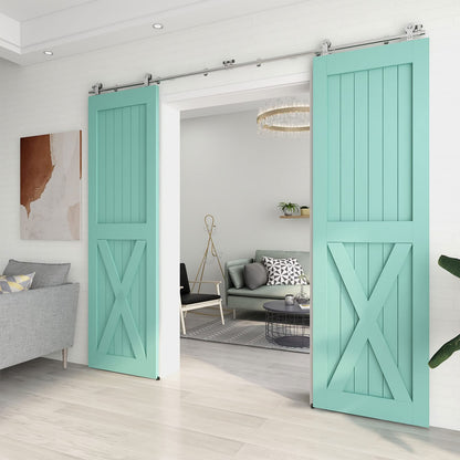 TSMST 10FT Sliding Barn Door Hardware Kit, Top Mount Stainless Steel Heavy Duty Sturdy Barn Door Track for Double Wood Door, Slide Smoothly Quietly (T Style)