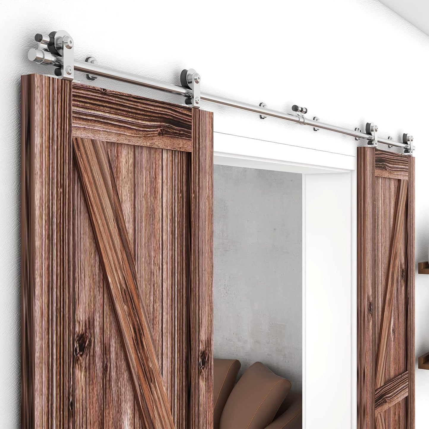 TSMST 11FT Sliding Barn Door Hardware Kit, Top Mount Stainless Steel Heavy Duty Sturdy Barn Door Track for Double Wood Door, Slide Smoothly Quietly (T Style)