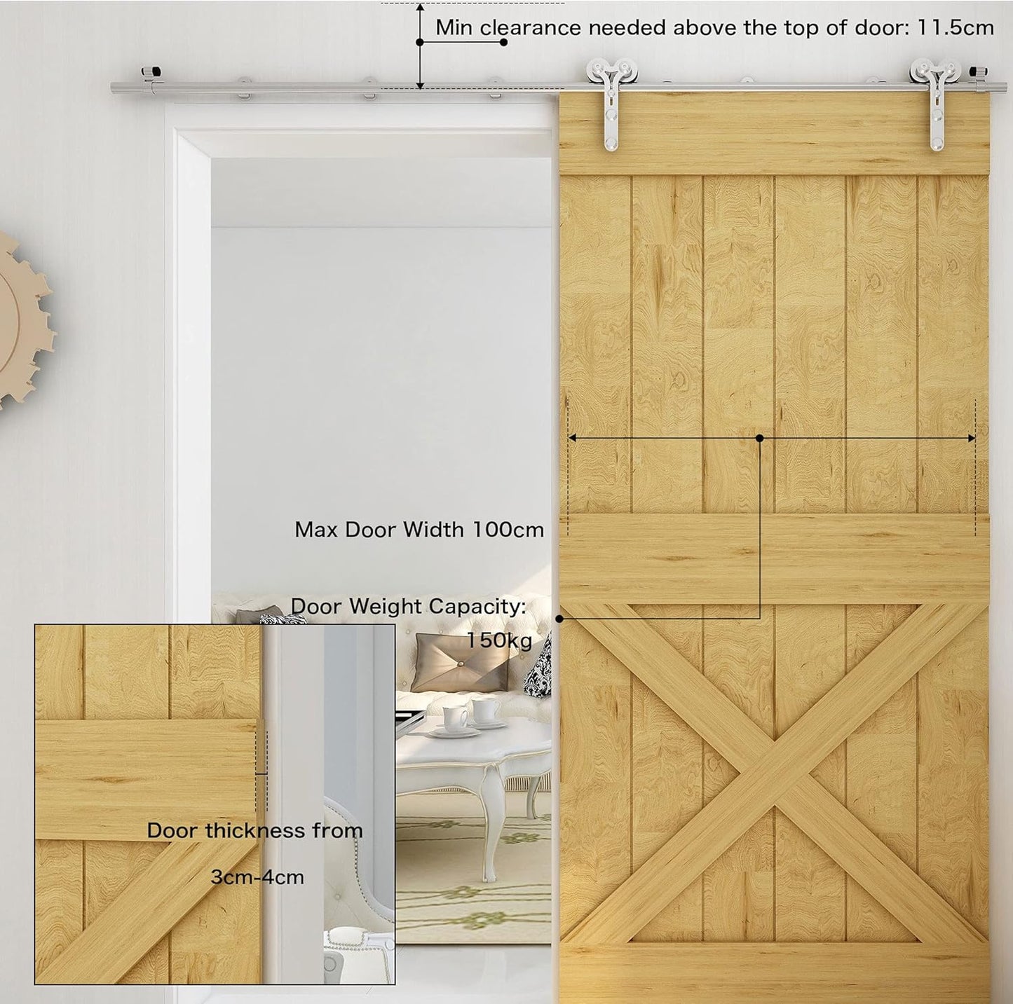 TSMST 152CM/5FT Edelstahl Laufschiene Schiebetürbeschlag für Einzelne Holztüren, Reibungslos und Leise (Y-Form-Aufhänger)