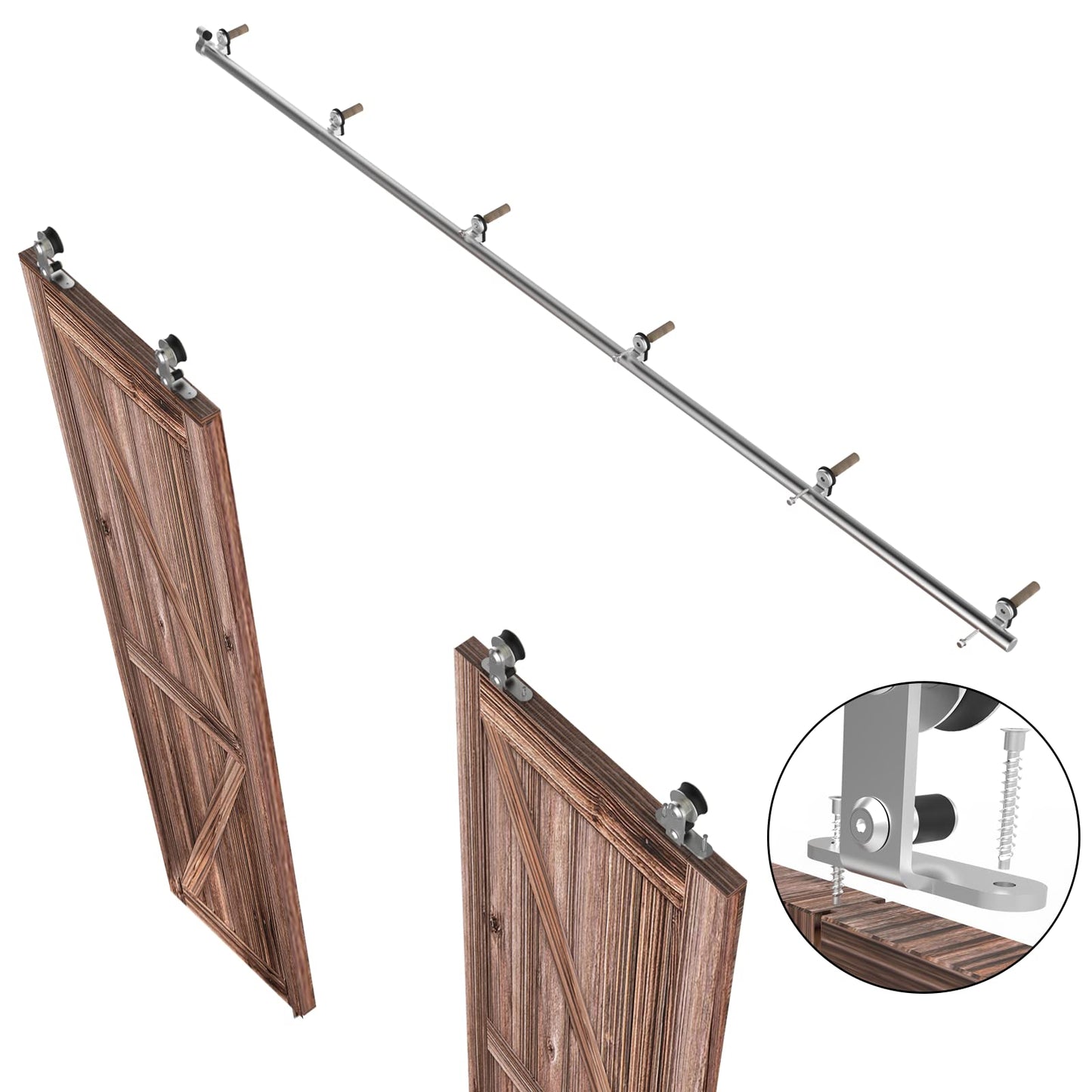 TSMST 8FT Sliding Barn Door Hardware Kit, Top Mount Stainless Steel Heavy Duty Sturdy Barn Door Track for Double Wood Door, Slide Smoothly Quietly (T Style)