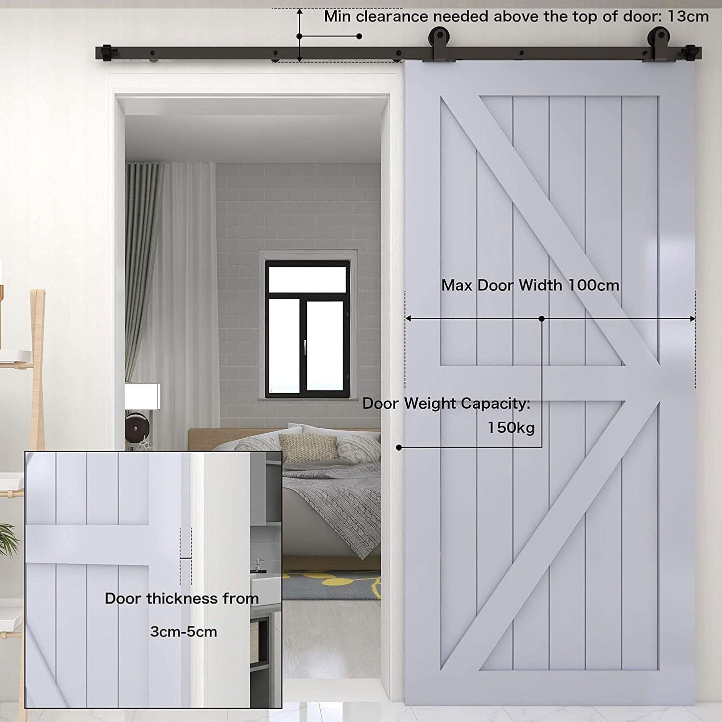 TSMST 5FT/152CM Sliding Door Track Kit, Internal Barn Sliding Wood Doors Rail T Mount Hangers Black for Single Door