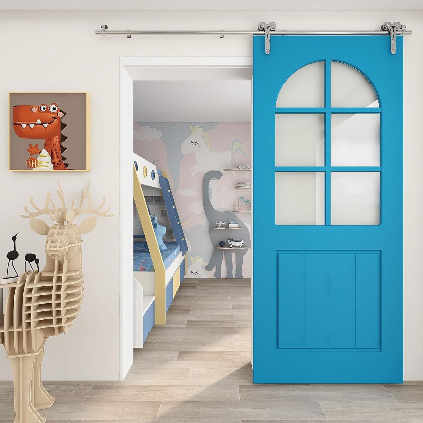 TSMST 200cm/6.6ft Edelstahl Laufschiene Schiebetürbeschlag für Einzelne Holztüren, Reibungslos und Leise (Y-Form-Aufhänger)