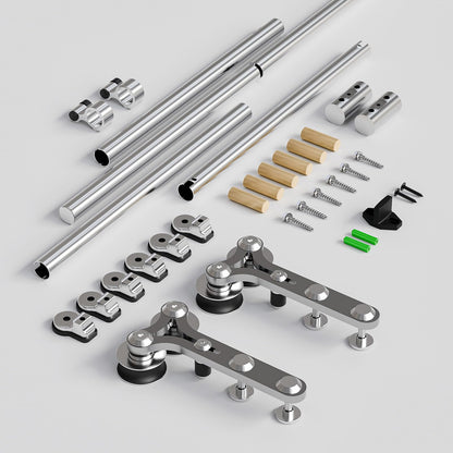 TSMST 167CM/5.5FT Stainless Steel Sliding Door Track Barn Door Hardware Kit Closet Rail Roller Accessory Double Wheel Ram Horn Style