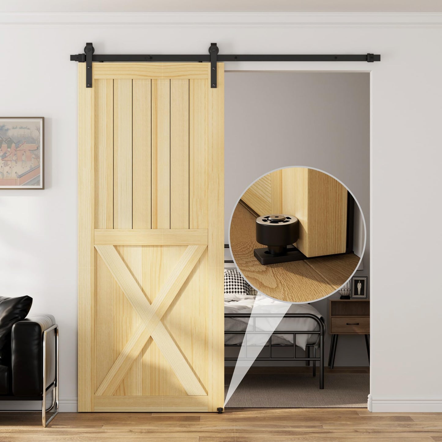 TSMST 6FT/72 Sliding Barn Door Hardware Kit with Barn Door Floor Guide fit 30" Single Wooden Door,Smoothly and Quietly Easy to Install- Black