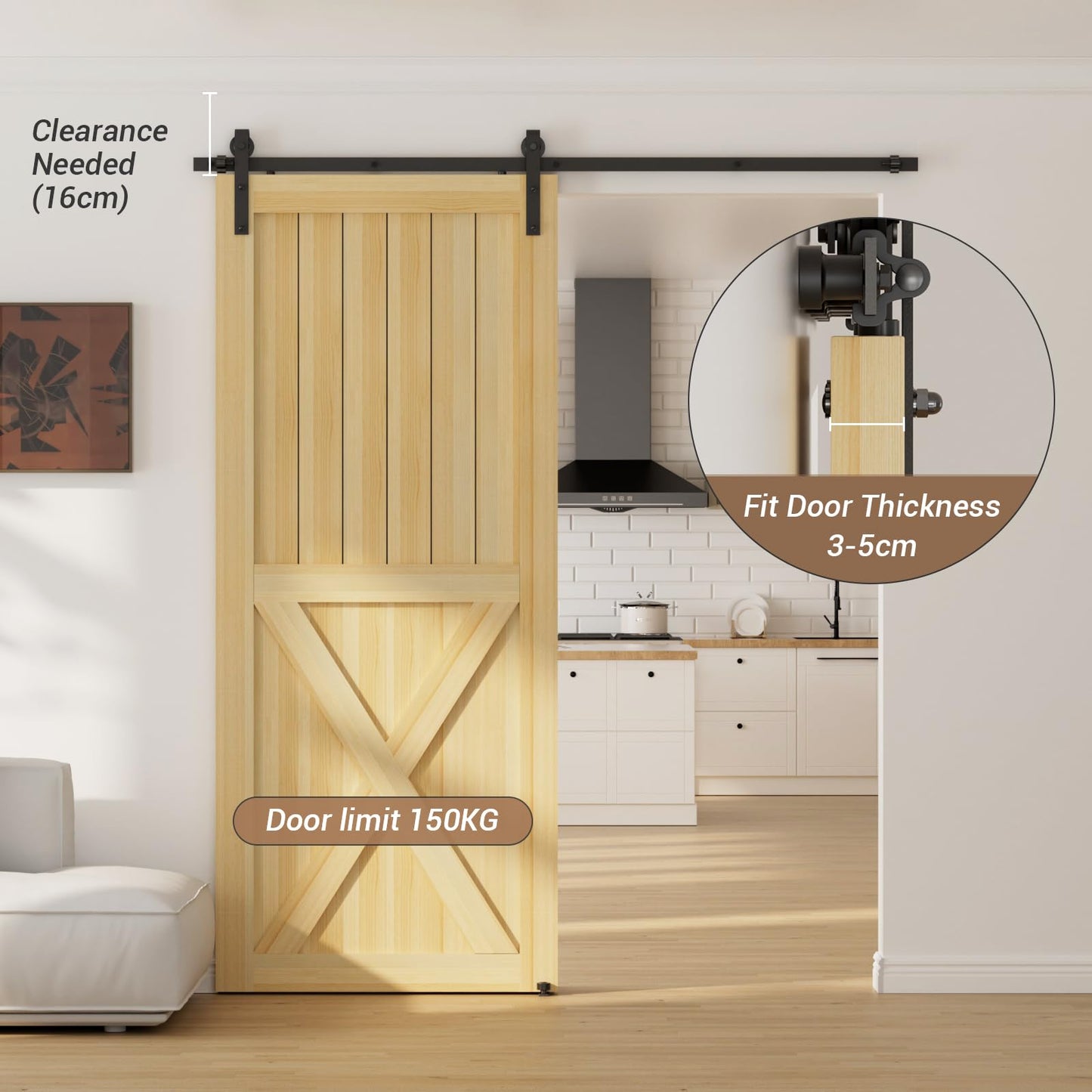 TSMST 183CM/6FT Sliding Door Track Barn Door Hardware Kit Closet Rail Roller Accessory Adjustable Floor Guide