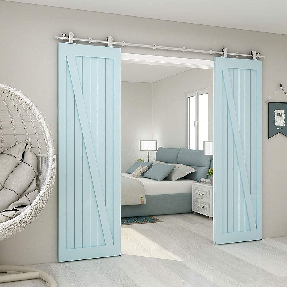 TSMST 12FT Sliding Barn Door Hardware Kit, Top Mount Stainless Steel Heavy Duty Sturdy Barn Door Track for Double Wood Door, Slide Smoothly Quietly (T Style)