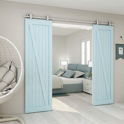 TSMST 12FT Sliding Barn Door Hardware Kit, Top Mount Stainless Steel Heavy Duty Sturdy Barn Door Track for Double Wood Door, Slide Smoothly Quietly (T Style)