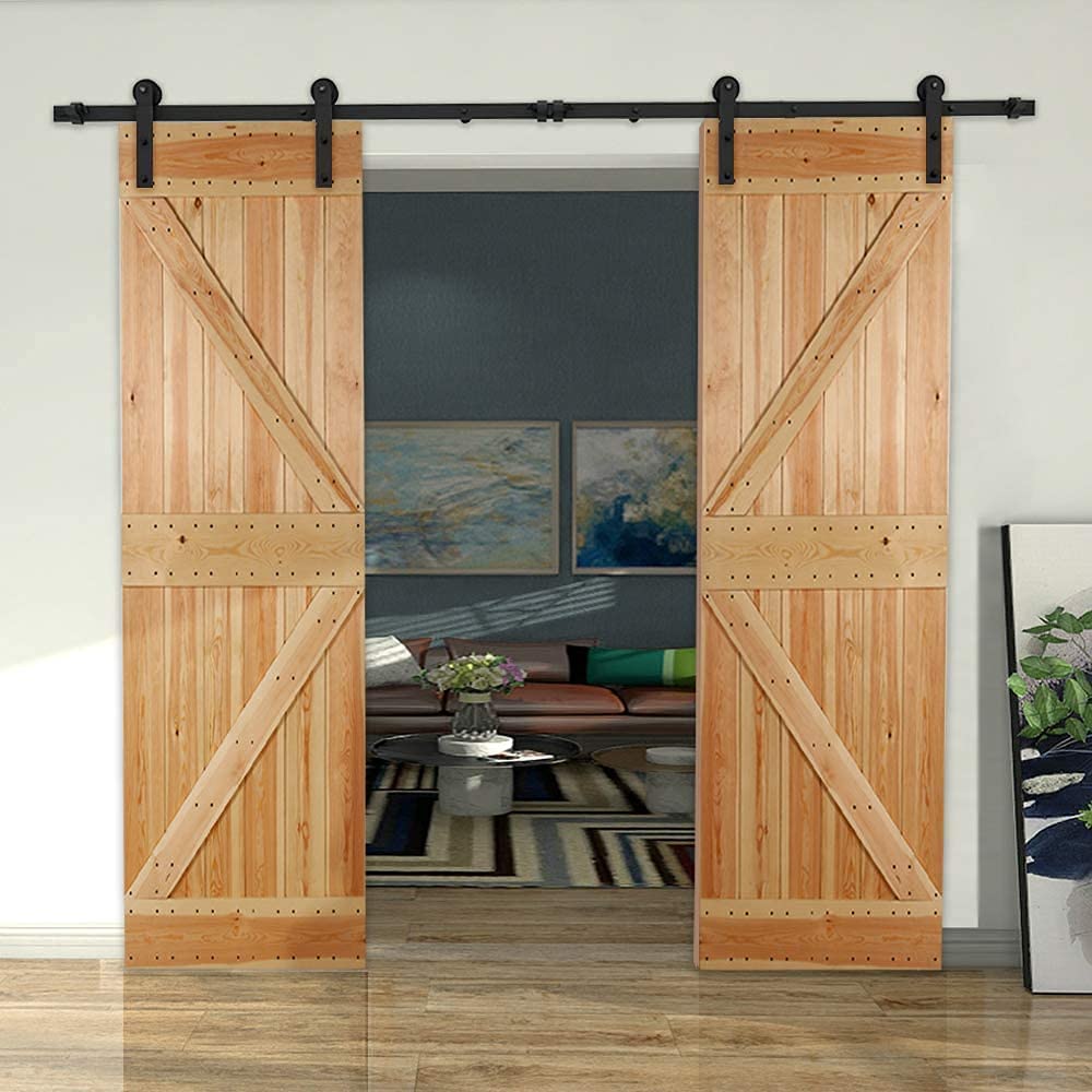 CCJH 12FT Heavy Duty Sliding Barn Wood Door Hardware Track Kit - Smoothly and Stable - Easy Installation - 12 Foot Rail Double Door Kit (I Shaped Hangers)