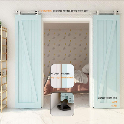 TSMST 6FT Sliding Barn Door Hardware Kit, Top Mount Stainless Steel Heavy Duty Sturdy Barn Door Track for Double Wood Door, Slide Smoothly Quietly (T Style)