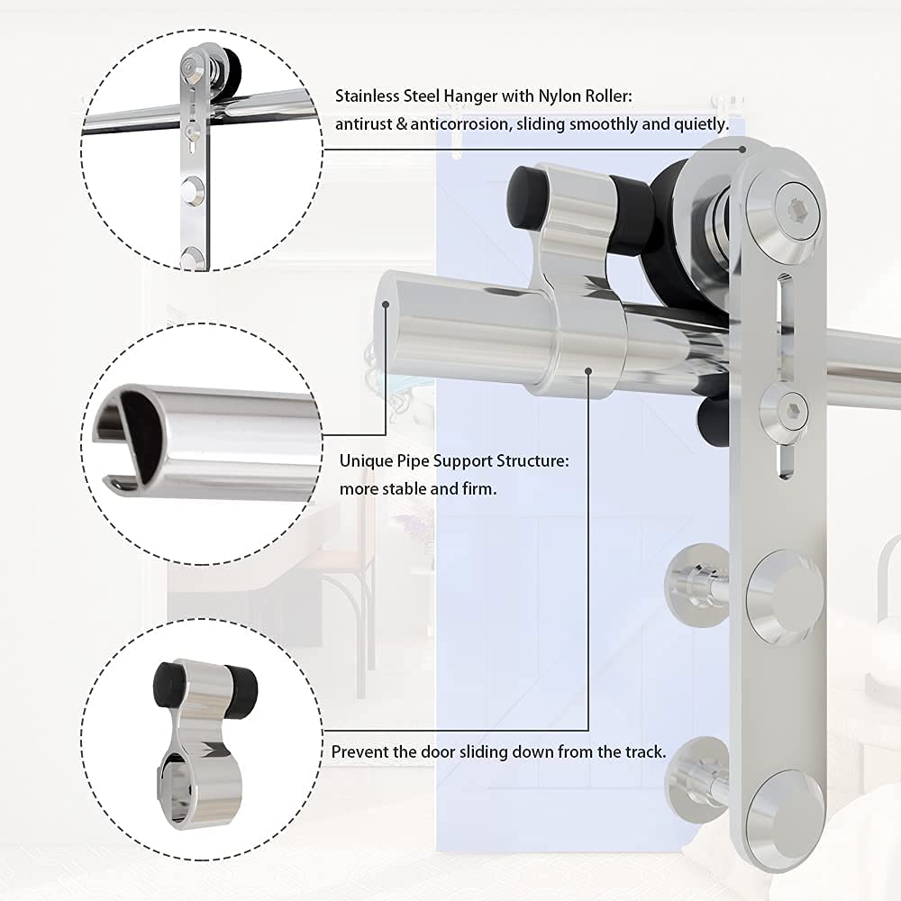 6FT/183cm Interior Stainless Steel Sliding Barn Single Door Hardware Track Roller Flat Hanger Rail Kit For Wood Door