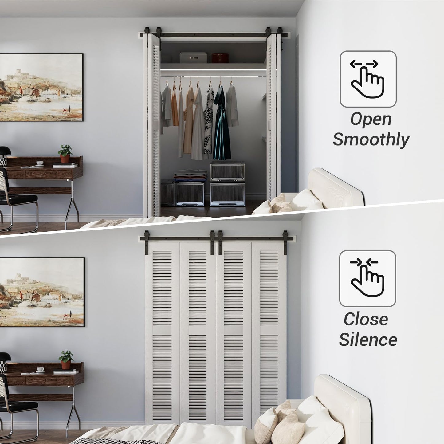 TSMST 150CM/5FT Bi-Folding Sliding Barn Door Hardware,Quietly Simple and Easy to Install for 4 Doors Hardware Kit, Applicable to Door Openings 120-130CM