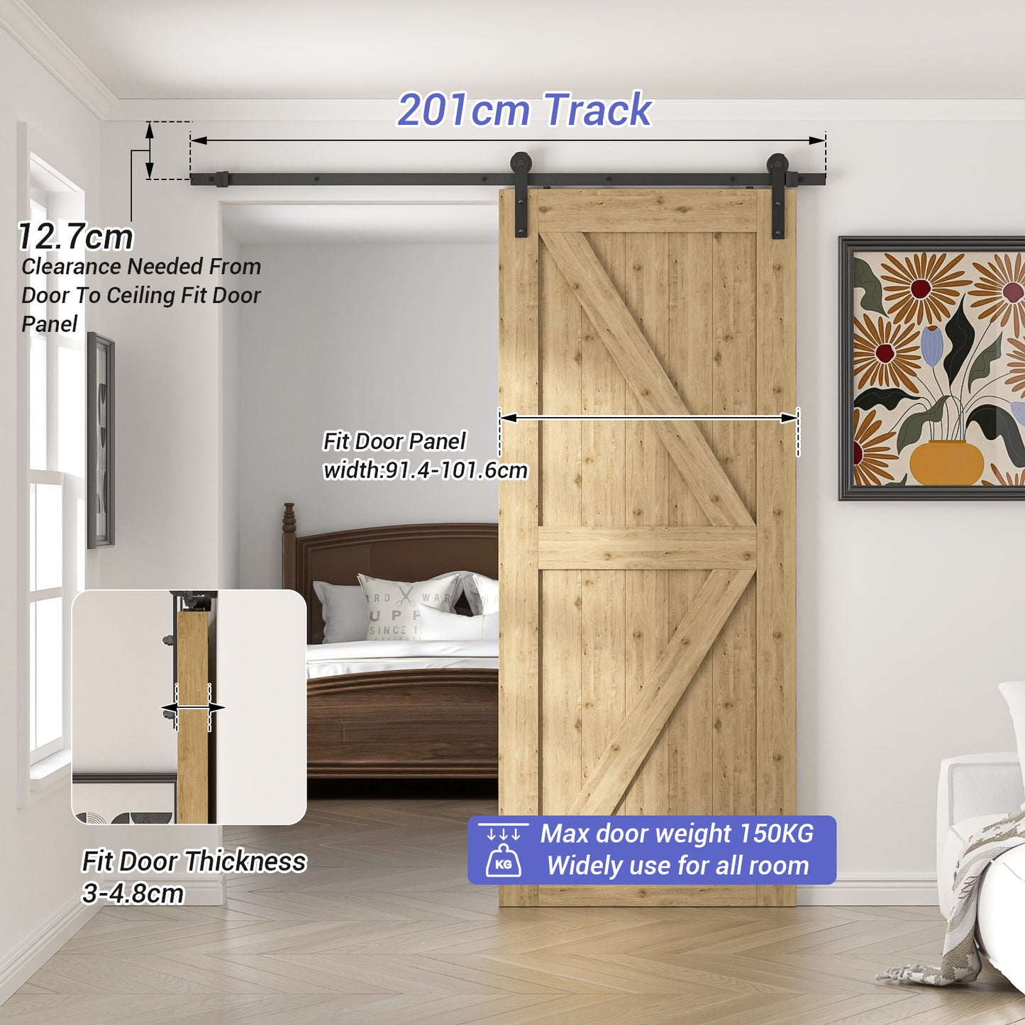 TSMST 6.7FT/202cm Schiebetürsystem Komplett-Set für Schiebetüren,Schwarz Schienen-Kit Passend für eine einzelne Holztür, J-Form
