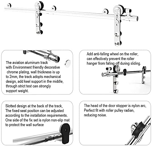 5FT/152cm Interior Stainless Steel Sliding Barn Single Door Hardware Track Roller Flat Hanger Rail Kit For Wood Door