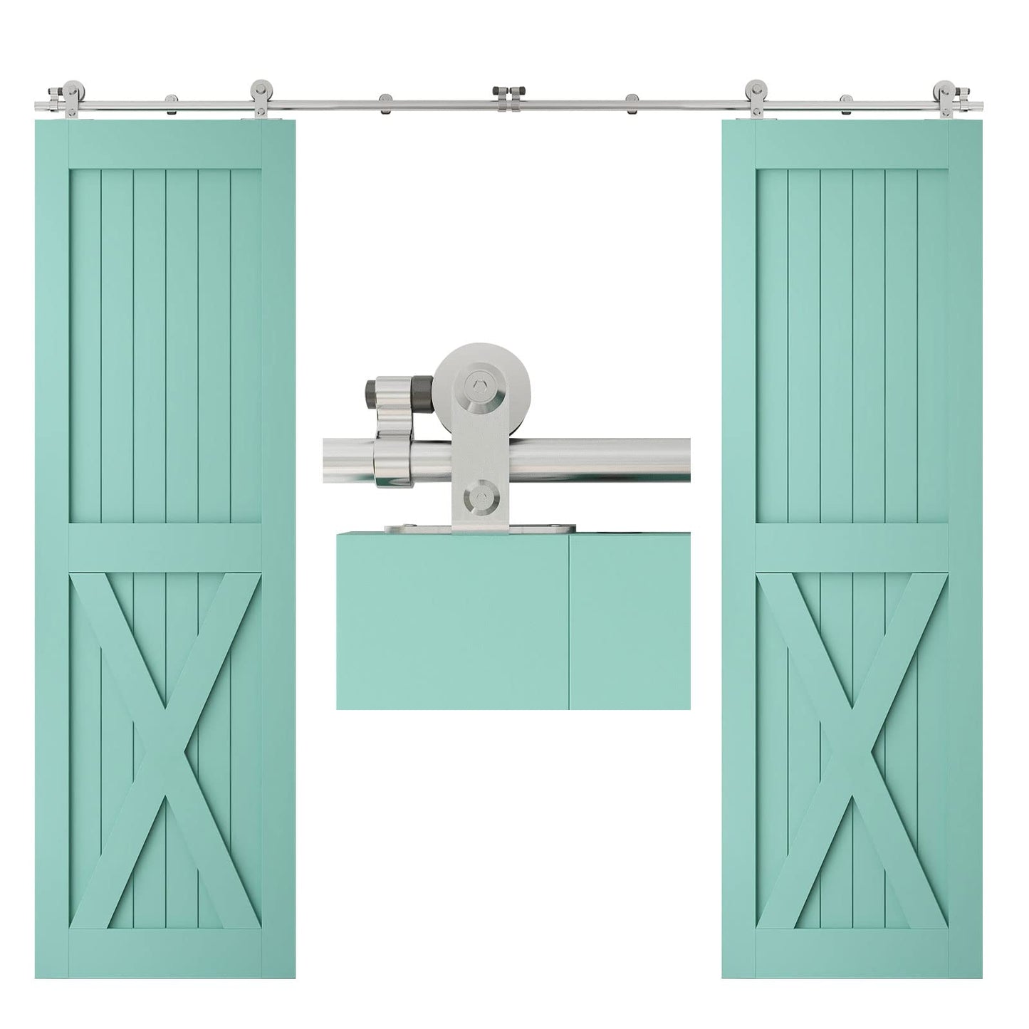 TSMST 10FT Sliding Barn Door Hardware Kit, Top Mount Stainless Steel Heavy Duty Sturdy Barn Door Track for Double Wood Door, Slide Smoothly Quietly (T Style)