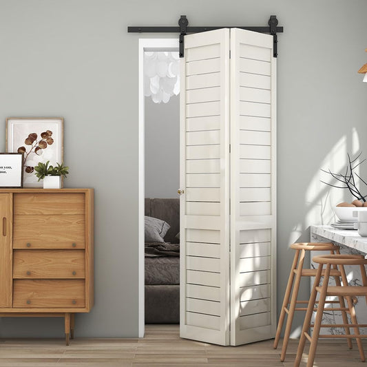 TSMST 92cm/3ft Bi-Falte Schiebetürsystem Komplett-Set, Platzsparende Scheunentür Spur Set für 2 Türen,Grundlegender Stil, Glatt und Ruhig (keine Tür)