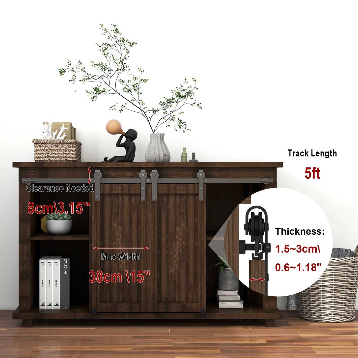 TSMST 5FT/152CM Cabinet Mini Sliding Barn Door Hardware Kit, Double Barn Door Track Set, Apply for Storage Window TV Stand,J Shape(No Cabinet)