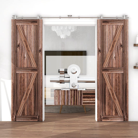 TSMST 11FT Sliding Barn Door Hardware Kit, Top Mount Stainless Steel Heavy Duty Sturdy Barn Door Track for Double Wood Door, Slide Smoothly Quietly (T Style)