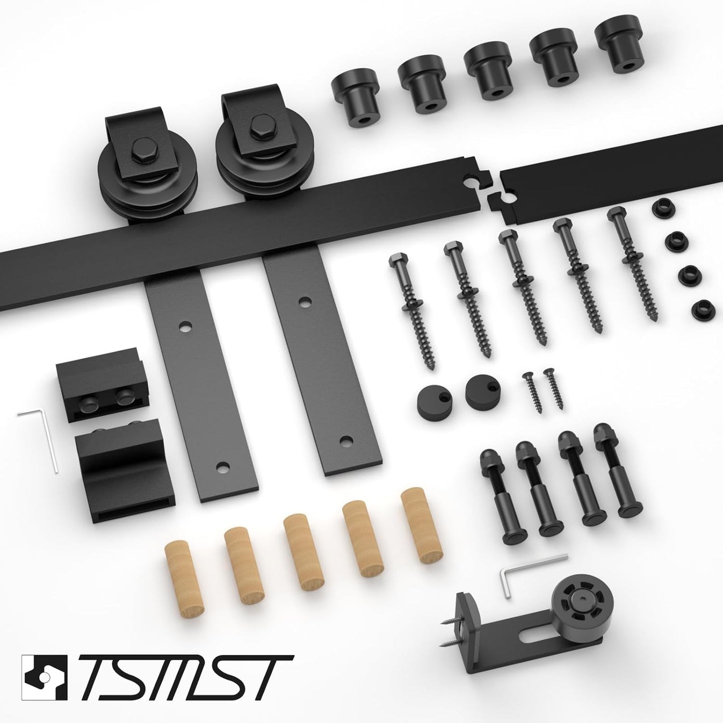TSMST 200cm Schiebetürsystem Komplett-Set für Schiebetüren mit Bodenführung Schwarz Schienen-Kit Passend für eine einzelne Holztür, J-Form