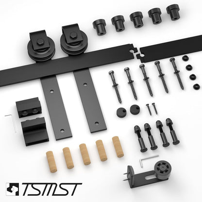 TSMST 200cm Schiebetürsystem Komplett-Set für Schiebetüren mit Bodenführung Schwarz Schienen-Kit Passend für eine einzelne Holztür, J-Form