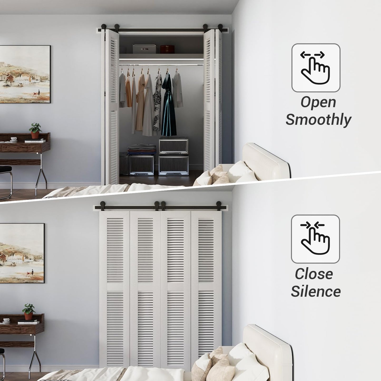 TSMST 150CM/5FT Bi-Folding Sliding Barn Door Hardware,Quietly Simple and Easy to Install for 4 Doors Hardware Kit, Applicable to Door Openings 120-130CM [T Style No Door ]