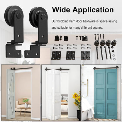 TSMST 92cm/3ft Bi-Falte Schiebetürsystem Komplett-Set, Platzsparende Scheunentür Spur Set für 2 Türen,Glatt und Ruhig,T-Form(keine Tür)