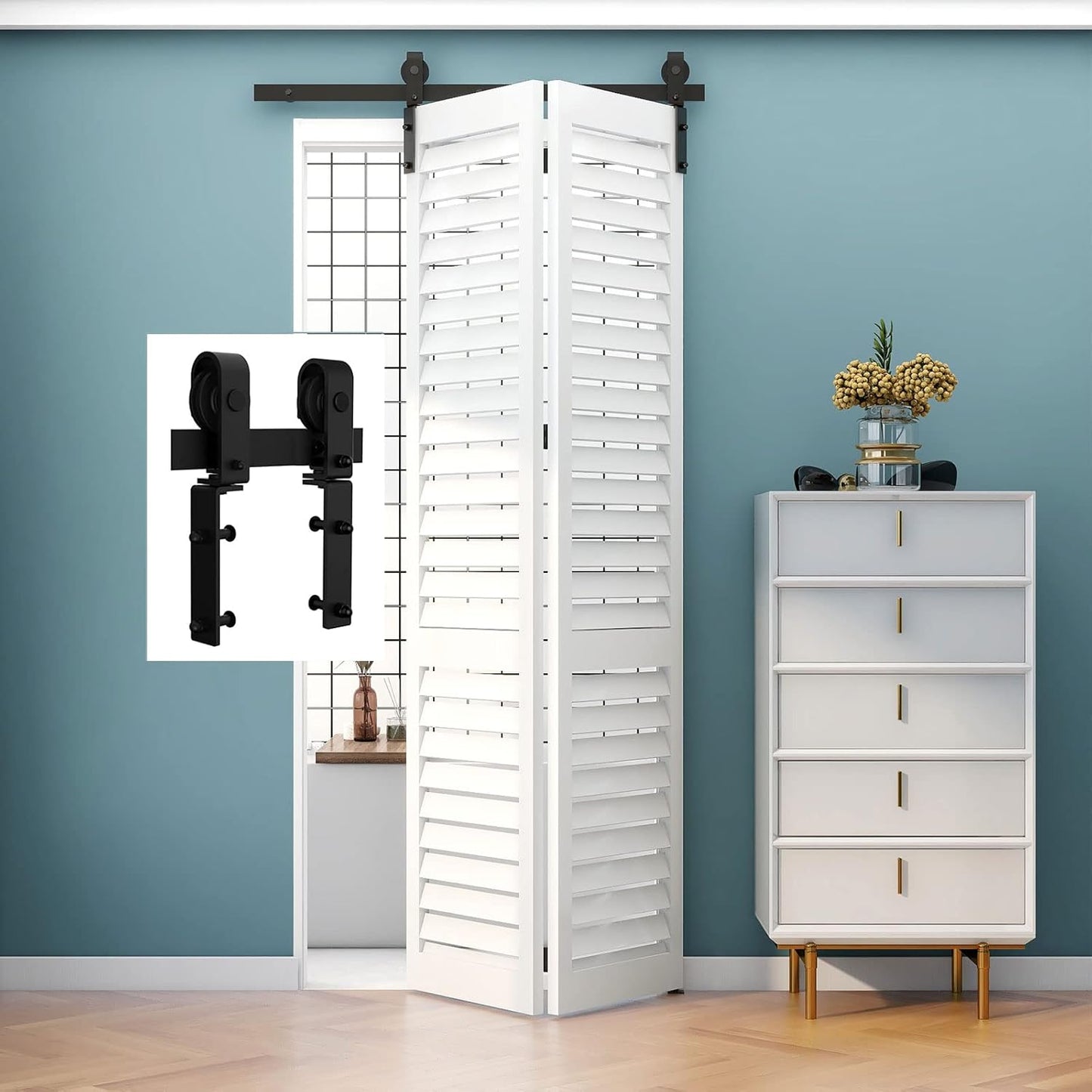 TSMST 100cm/3.3ft Klapptür Schiebetürsystem Komplett-Set, Platzsparende Scheunentür Spur Set für 2 Türen, Glatt und Ruhig (keine Tür)