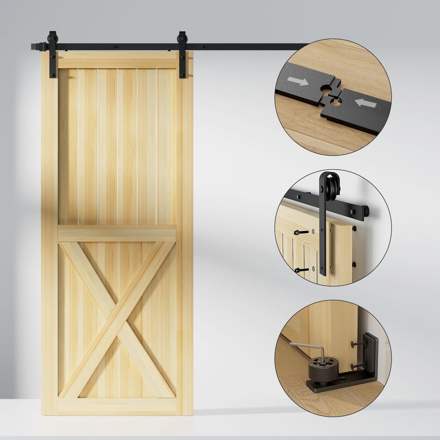 TSMST 6FT/72 Sliding Barn Door Hardware Kit with Barn Door Floor Guide fit 30" Single Wooden Door,Smoothly and Quietly Easy to Install- Black