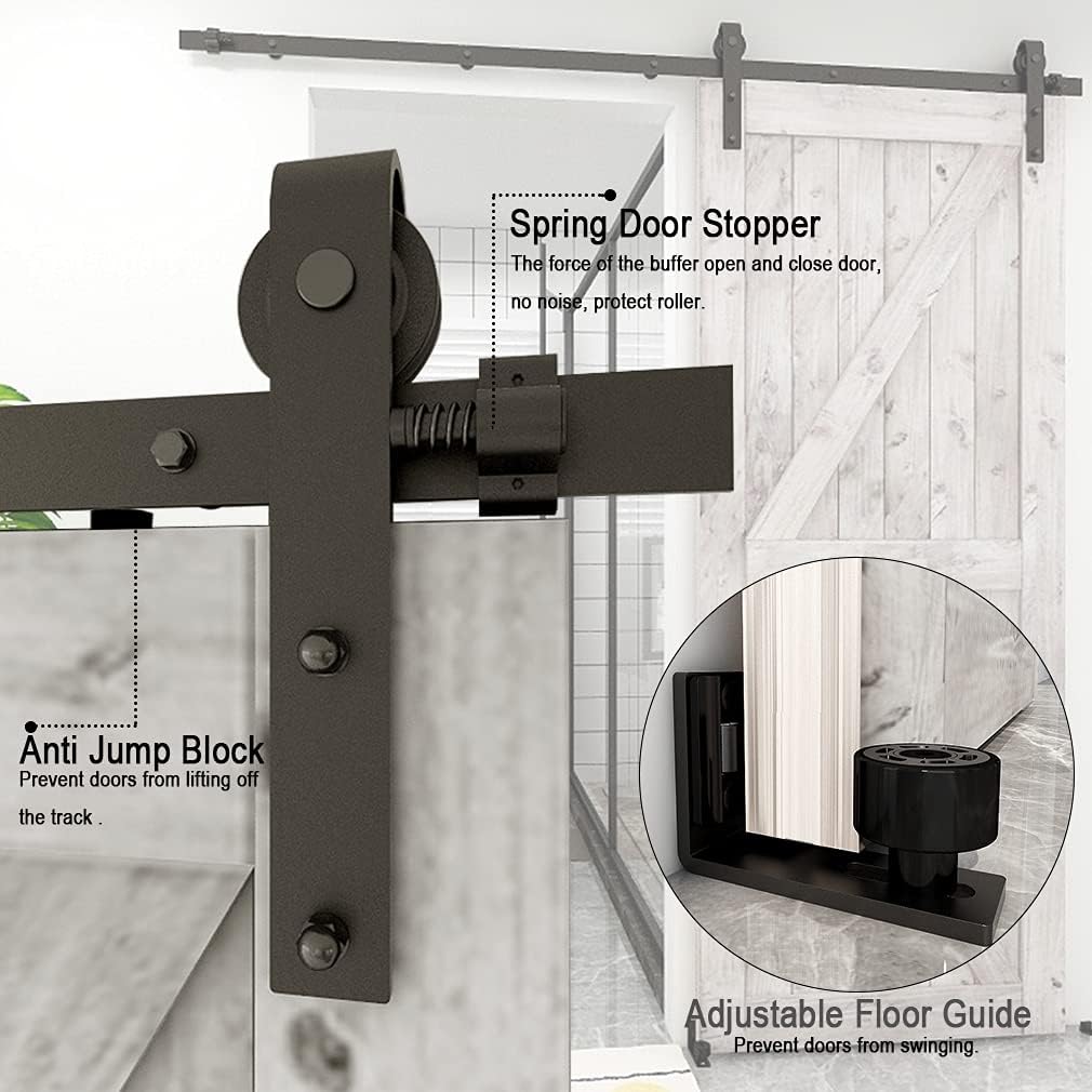 TSMST 213 cm Schiene für Schiebetüren, Schwarz und Rustikal, Zubehör-Set mit Bodenführung, verstellbar, für Einzeltür