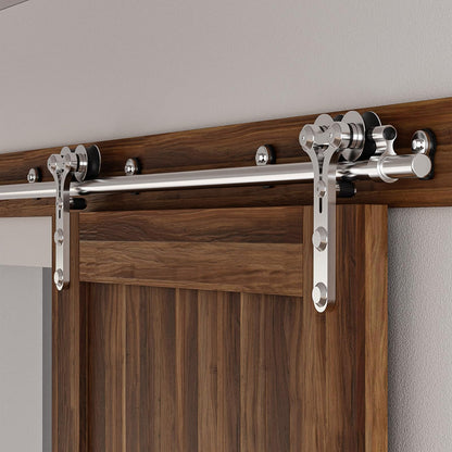 TSMST 183CM/6FT Stainless Steel Sliding Door Track Barn Door Hardware Kit Closet Rail Roller Accessory Double Wheel Ram Horn Style