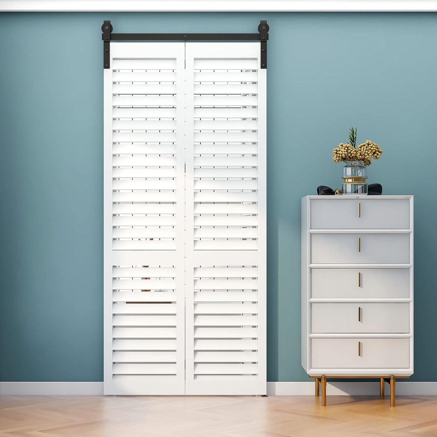 TSMST 100cm/3.3ft Klapptür Schiebetürsystem Komplett-Set, Platzsparende Scheunentür Spur Set für 2 Türen, Glatt und Ruhig (keine Tür)