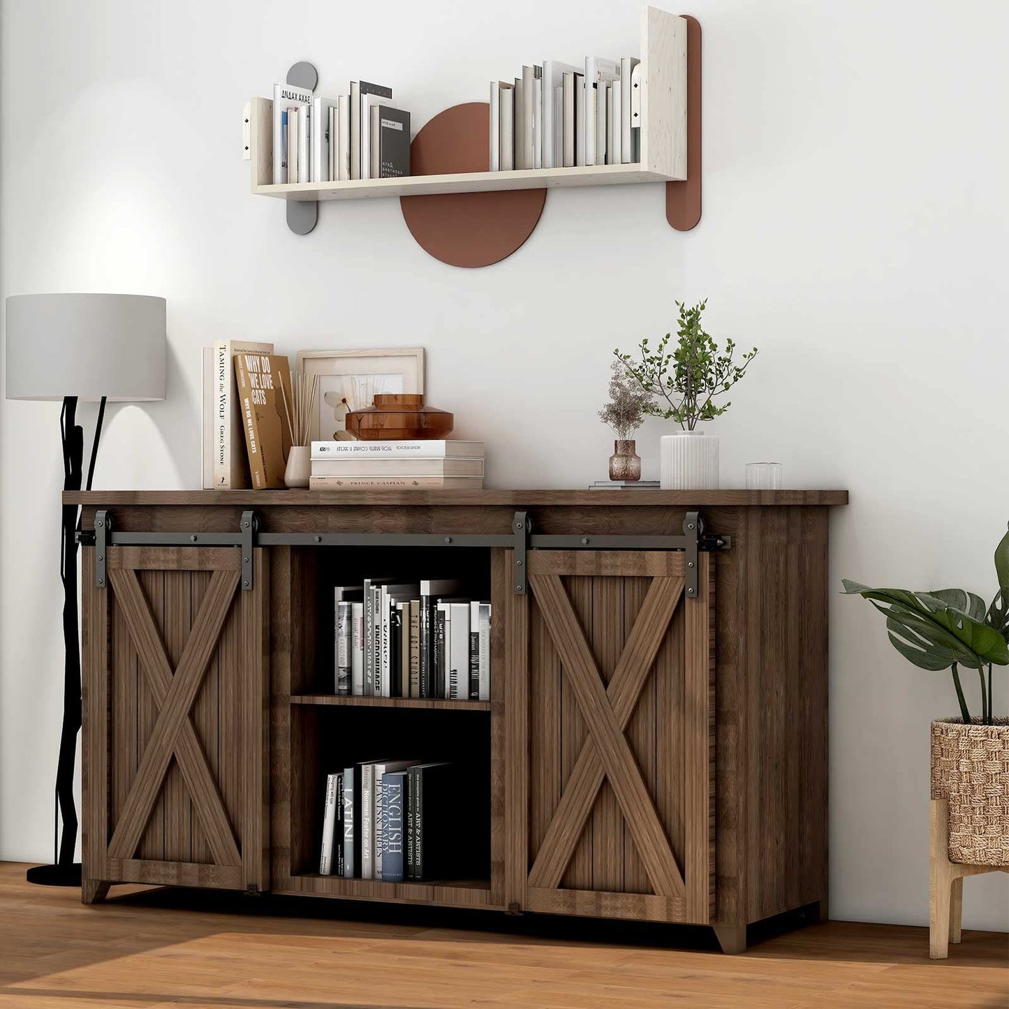 TSMST 5FT/152CM Cabinet Mini Sliding Barn Door Hardware Kit, Double Barn Door Track Set, Apply for Storage Window TV Stand,J Shape(No Cabinet)