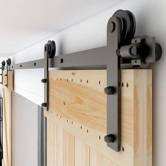 CCJH 12FT Heavy Duty Sliding Barn Wood Door Hardware Track Kit - Smoothly and Stable - Easy Installation - 12 Foot Rail Double Door Kit (I Shaped Hangers)