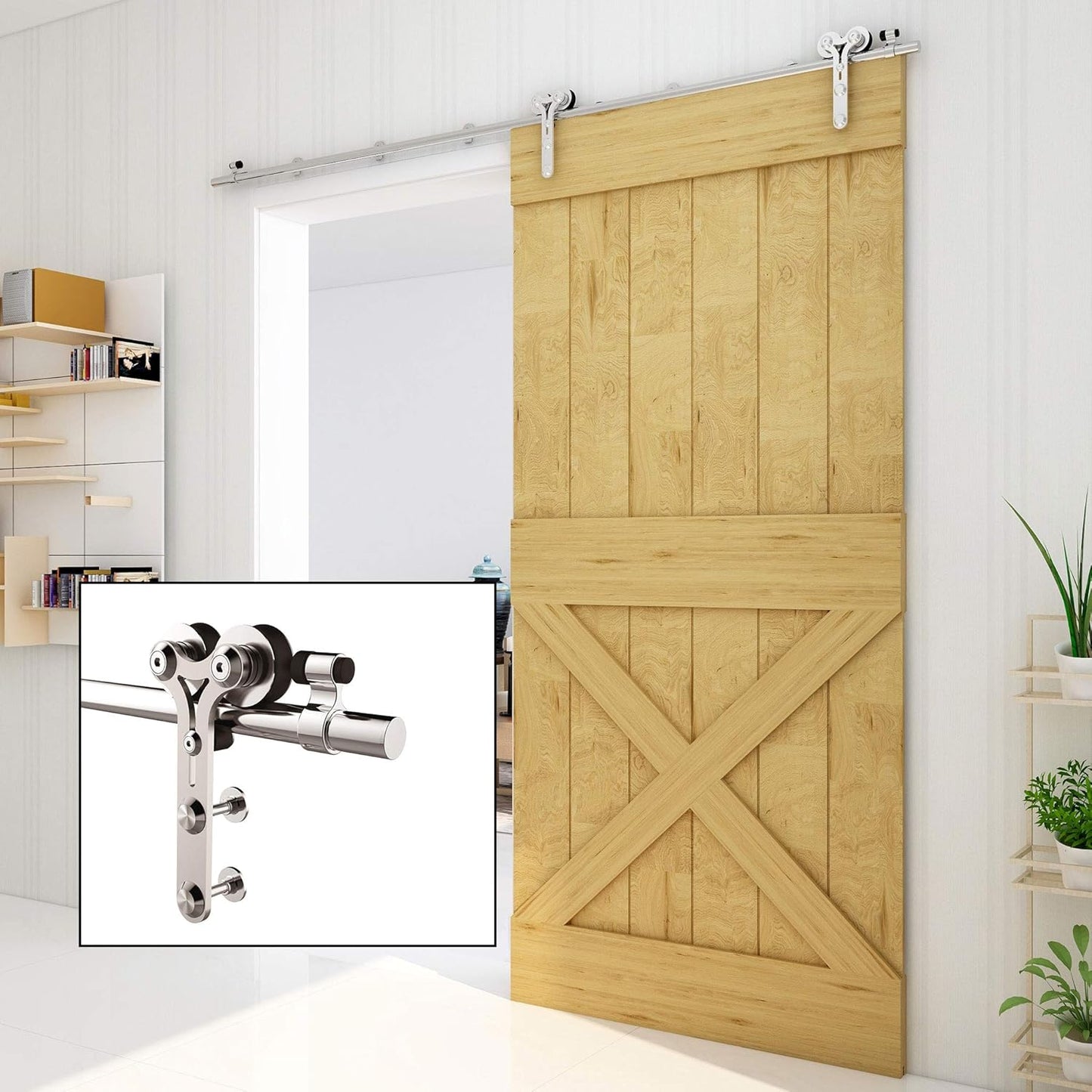 TSMST 152CM/5FT Edelstahl Laufschiene Schiebetürbeschlag für Einzelne Holztüren, Reibungslos und Leise (Y-Form-Aufhänger)