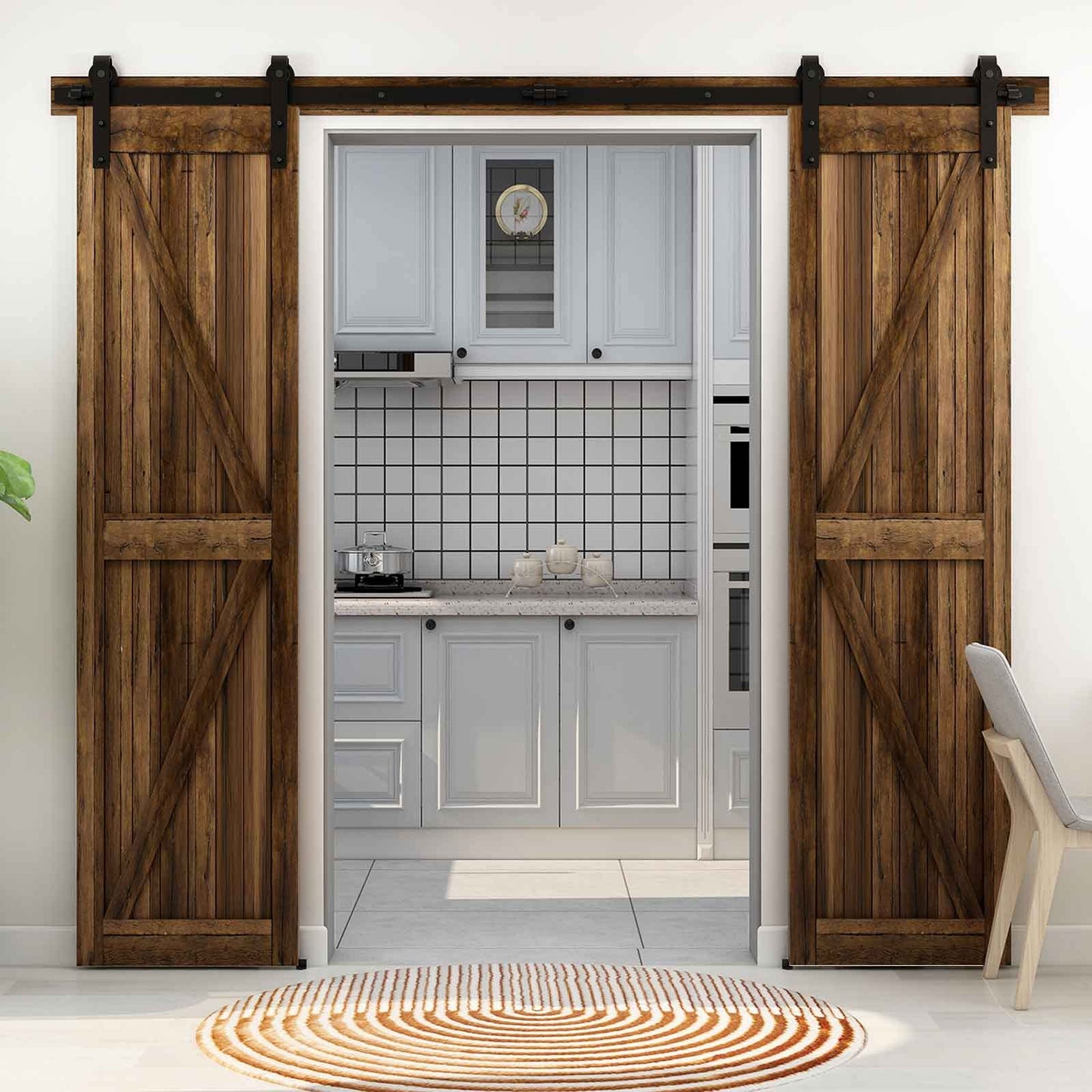 335cm-11FT Schiebetürbeschlag Set Schiebetürsystem Laufschiene Innentüren Trennwände Flaschenzug aus Karbonstahl, für Doppeltür