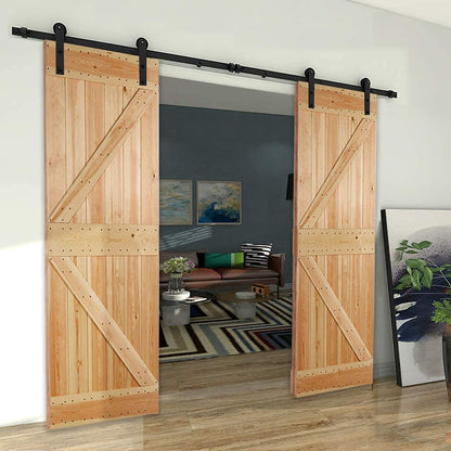 CCJH 12FT Heavy Duty Sliding Barn Wood Door Hardware Track Kit - Smoothly and Stable - Easy Installation - 12 Foot Rail Double Door Kit (I Shaped Hangers)