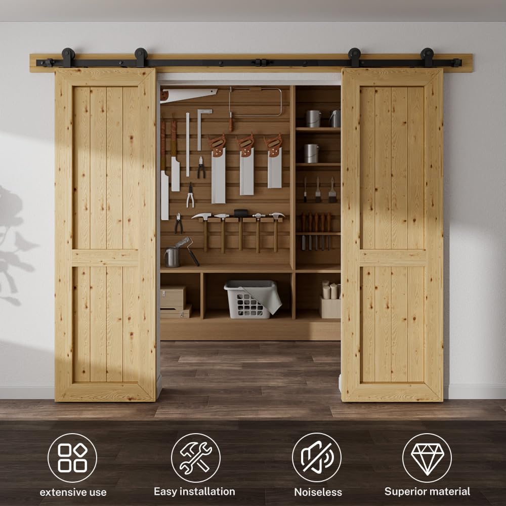 TSMST 274CM/9FT Sliding Barn Door Hardware Kit Track Roller Closet Accessory for Double Door