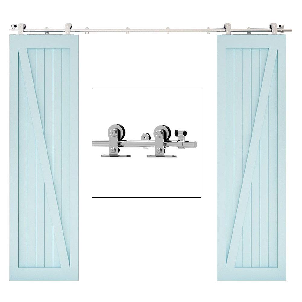 TSMST 12FT Sliding Barn Door Hardware Kit, Top Mount Stainless Steel Heavy Duty Sturdy Barn Door Track for Double Wood Door, Slide Smoothly Quietly (T Style)
