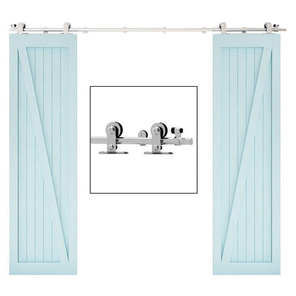 TSMST 12FT Sliding Barn Door Hardware Kit, Top Mount Stainless Steel Heavy Duty Sturdy Barn Door Track for Double Wood Door, Slide Smoothly Quietly (T Style)