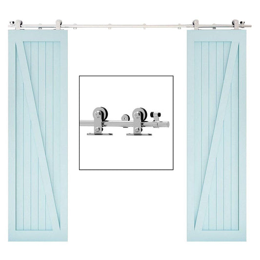 TSMST 12FT Sliding Barn Door Hardware Kit, Top Mount Stainless Steel Heavy Duty Sturdy Barn Door Track for Double Wood Door, Slide Smoothly Quietly (T Style)