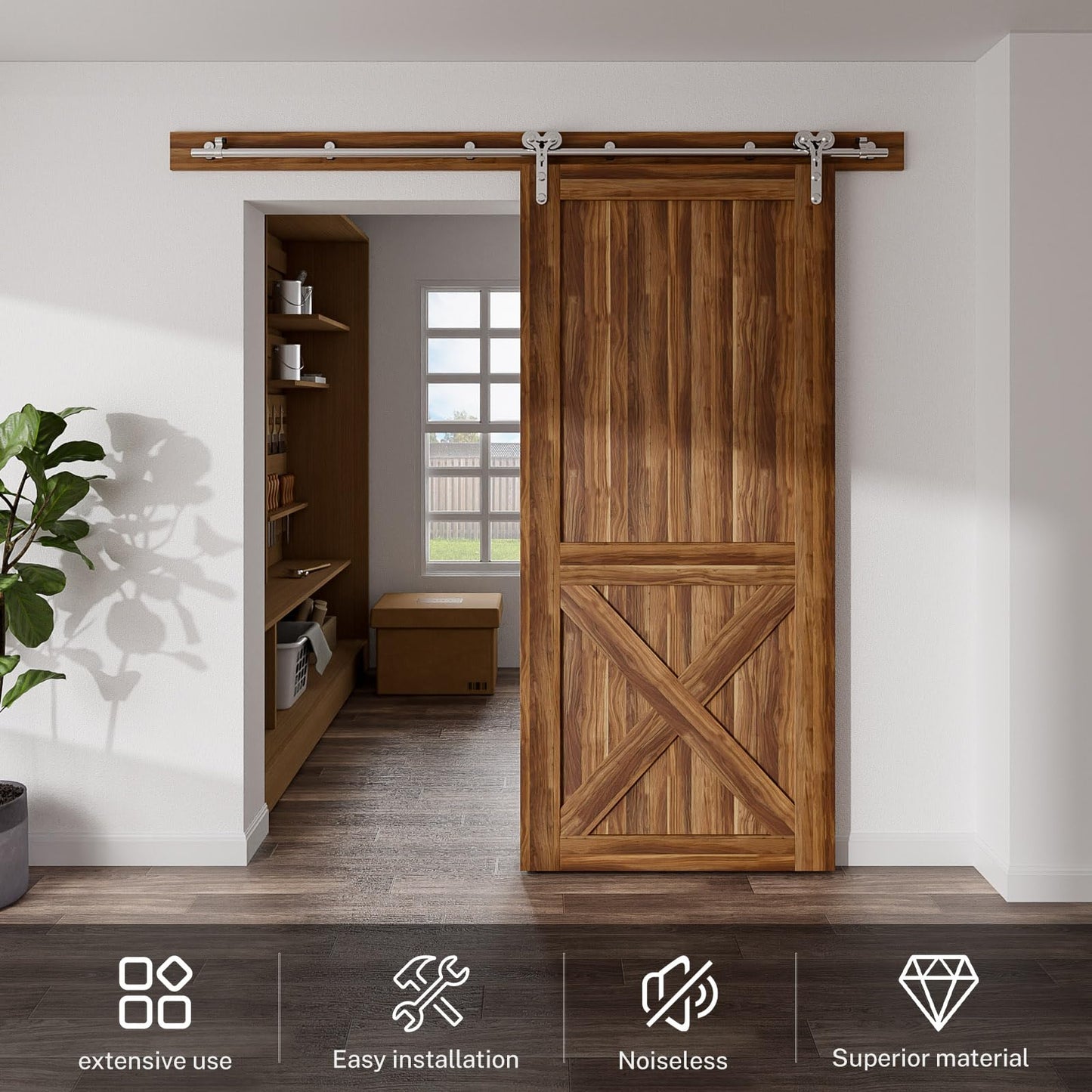 TSMST 200CM/6.6FT Stainless Steel Sliding Door Track Barn Door Hardware Kit Closet Rail Roller Accessory Double Wheel Ram Horn Style