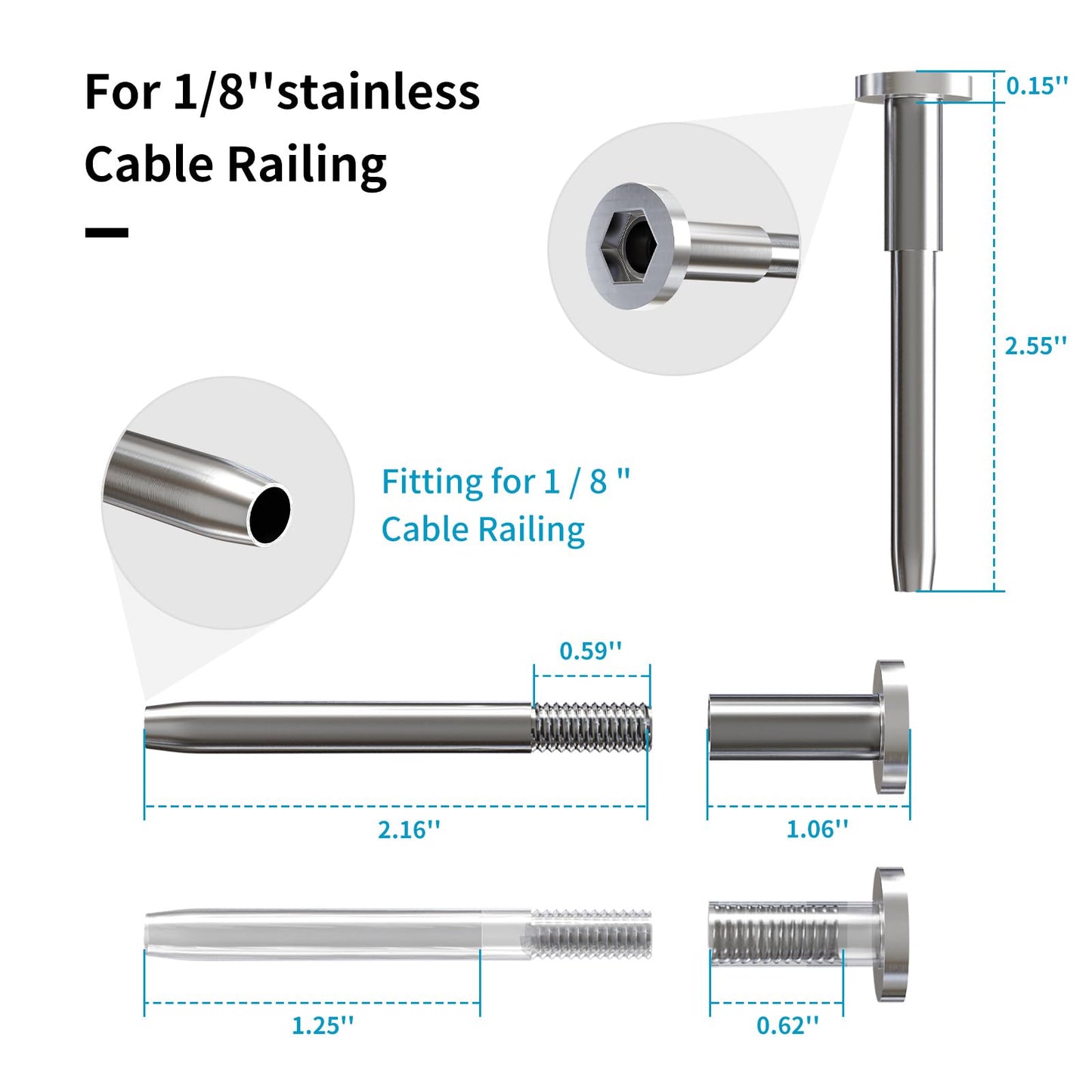 40 Pack 1/8" Stainless Steel Invisible Receiver and Swage Stud End Cable Railing, Deck Stair Threaded End Fitting for Wood & Metal Post, T316 Marine Grade Stainless Steel