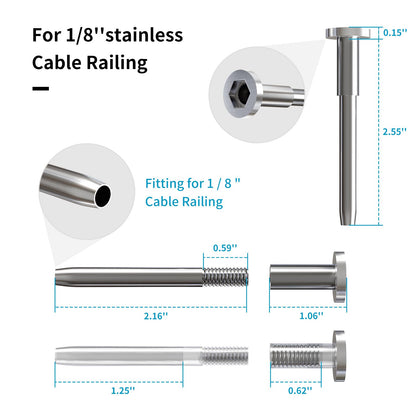 40 Pack 1/8" Stainless Steel Invisible Receiver and Swage Stud End Cable Railing, Deck Stair Threaded End Fitting for Wood & Metal Post, T316 Marine Grade Stainless Steel